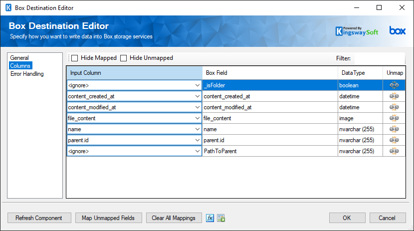 SSIS Box Destination Component - columns